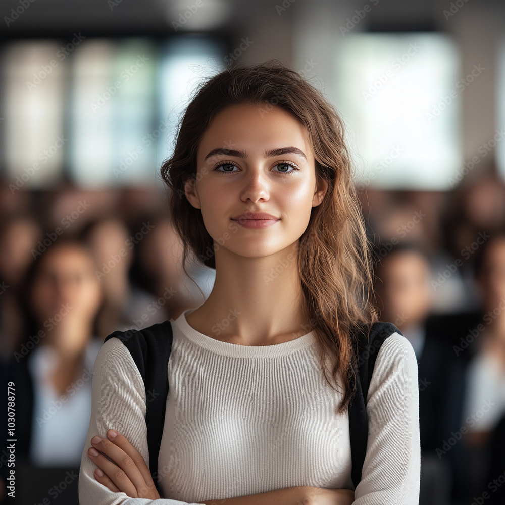 A young professional woman at a desk, her focused gaze directed slightly towards the viewer, suggesting engagement and confidence. She wears a tailored suit A young professional woman at a desk, her focused gaze directed slightly towards the viewer, suggesting engagement and confidence. She wears a tailored suit
