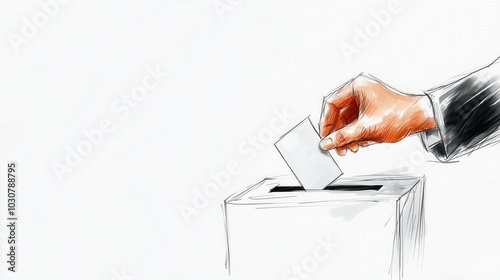 A sketch depicting a hand placing a ballot into a ballot box, symbolizing the act of voting and civic engagement, with clean lines and minimal detail for clarity.