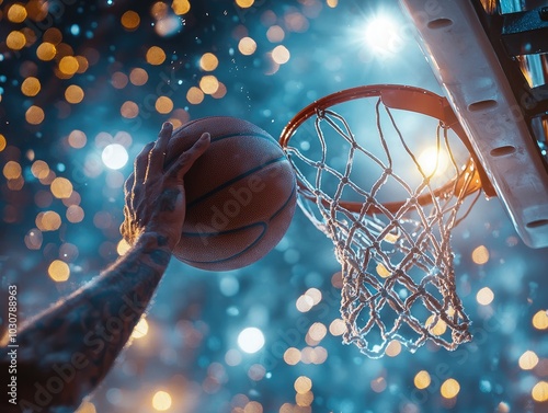 A basketball player's hand shoots a basketball into a hoop photo