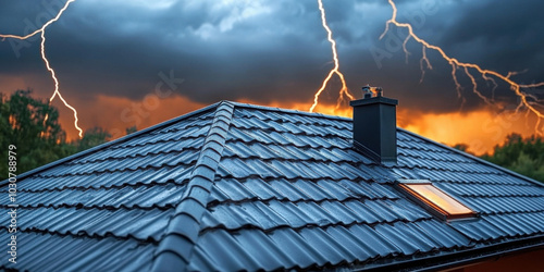 Lightning rod on roof during rainy day , storm, protection, safety, weather, metal, installation, electricity