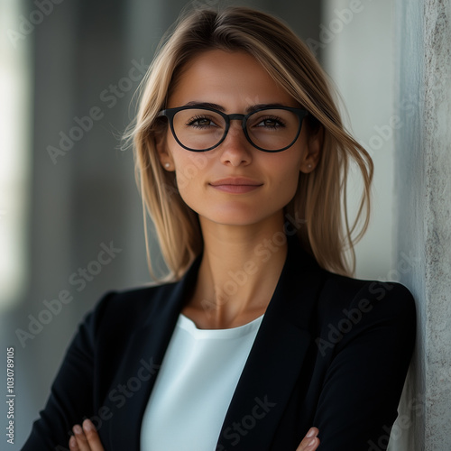 a professional young woman with a confident and composed expression. She is wearing stylish round glasses and a smart black blazer over a white blouse. Her blonde hair is neatly styled, complementing 
