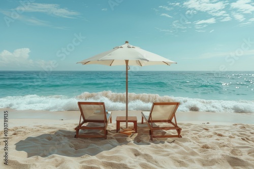 Two Beach Chairs and Umbrella on Sandy Shore, Sunbeds Facing Ocean with Clear Sky and Blue Water