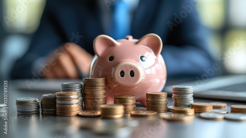 Businessman saving money with piggy bank and coins on desk, financial planning and investment concept photo