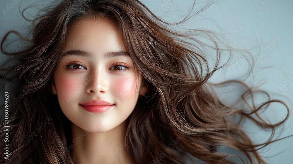 Japanese Woman, portrait and hair care in studio with beauty from salon treatment, cosmetics and shampoo shine Japanese Woman, portrait and hair care in studio with beauty from salon treatment, cosmetics and shampoo shine