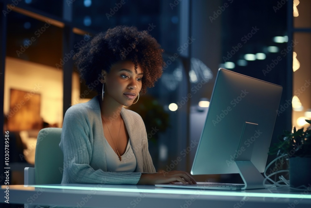 Black South African woman computer working laptop.