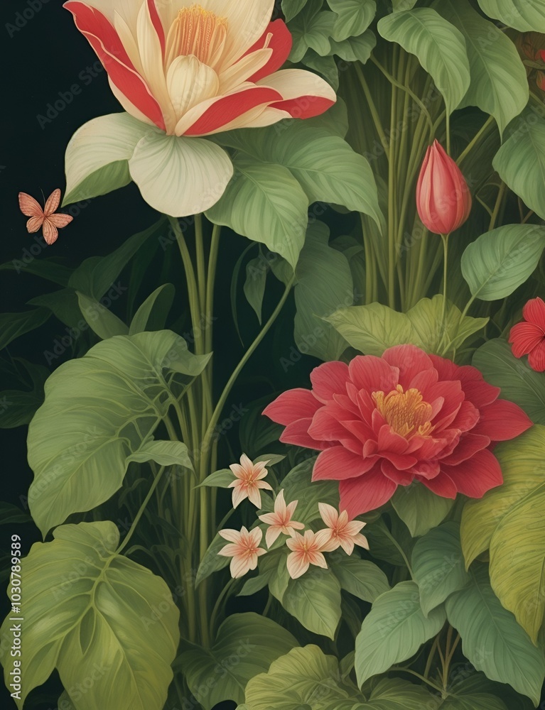 A lush botanical print with tropical plants and leaves in rich green tones, perfect for nature-inspired interiors. A lush botanical print with tropical plants and leaves in rich green tones, perfect for nature-inspired interiors.