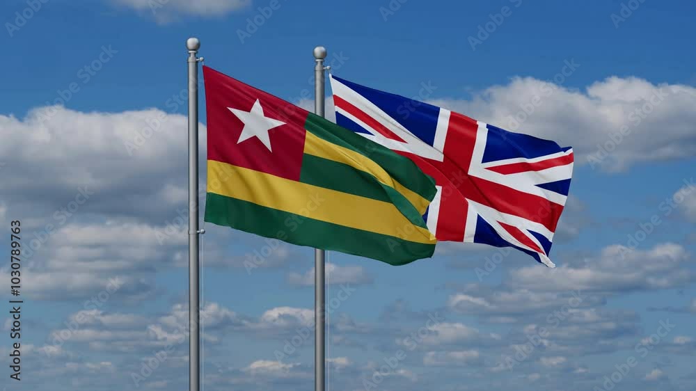 United Kingdom and Togo flags flying together, video concept of the relationship, two country cooperation concept United Kingdom and Togo flags flying together, video concept of the relationship, two country cooperation concept
