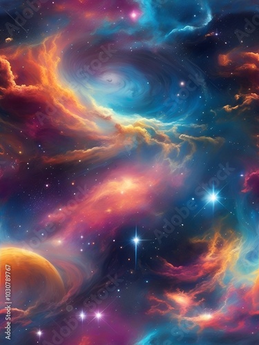A vivid and colorful depiction of a swirling nebula with stars and glowing cosmic clouds, capturing the beauty of the universe.
