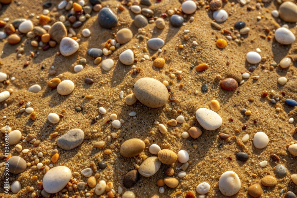 Sandy beach with scattered colorful pebbles and dirt surface Sandy beach with scattered colorful pebbles and dirt surface