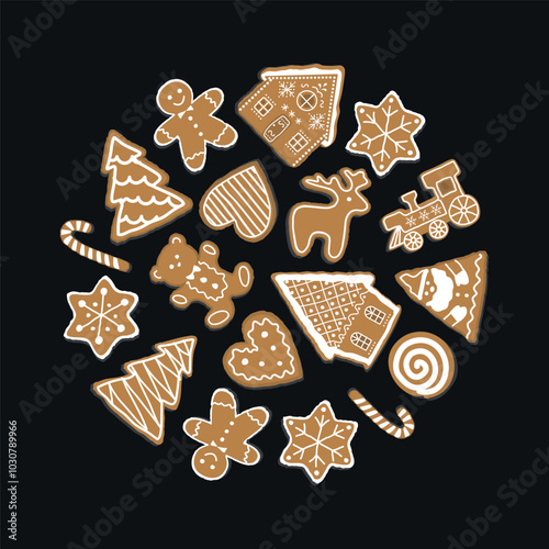 Christmas Cookies Circle. Holiday Banner. Round Frame. Gingerbread Houses, Santa Claus, Deer, Fir Trees, Gingerbread Man, Train, Stars, Heart. Vector Illustration on Black Background