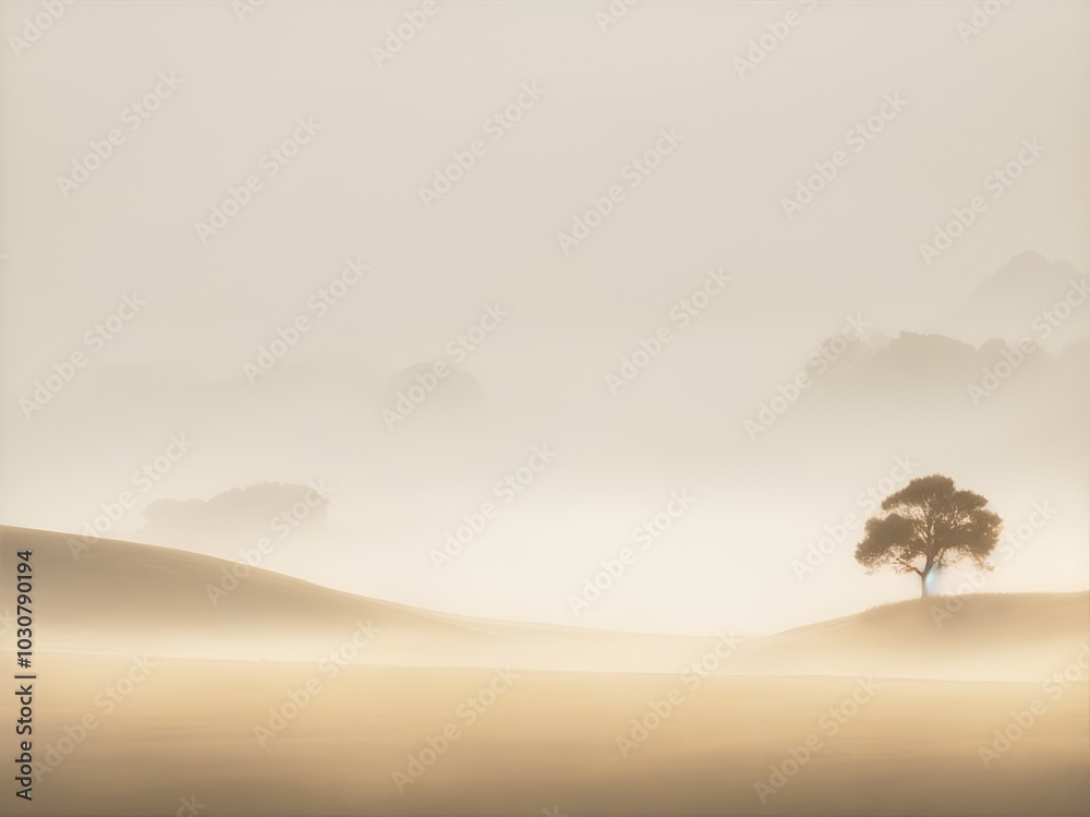 Obraz premium A minimalist landscape with a single tree in a vast, empty space, evoking solitude and simplicity. Perfect for modern, calming interiors.