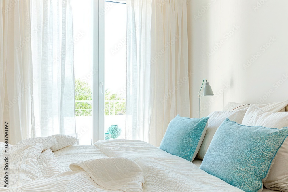 A modern bedroom featuring crisp white walls and bedding with pops of different colors in the cushions and curtains A modern bedroom featuring crisp white walls and bedding with pops of different colors in the cushions and curtains