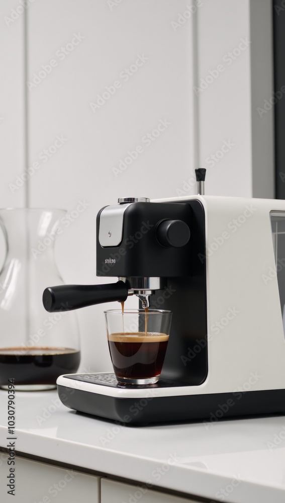A stylish modern espresso machine serves up freshly brewed shots A stylish modern espresso machine serves up freshly brewed shots