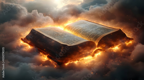An open book surrounded by fiery clouds, symbolizing knowledge.