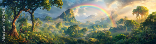 Fantasy forest with rainbow. fantasy scenery.