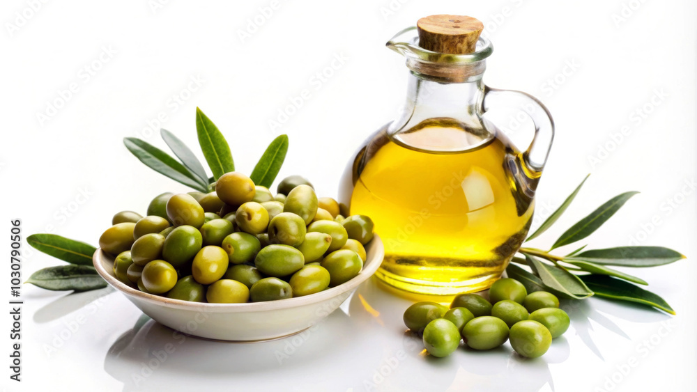 A clear glass jug filled with golden olive oil sits beside a ceramic bowl brimming with green olives.Delicate olive branches with leaves are arranged around the items on a reflective white surface.AI 