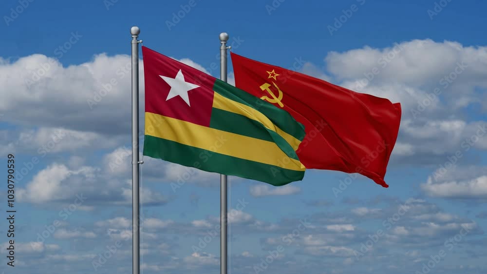 Soviet Union or USSR and Togo flags flying together, video concept of the relationship, two country cooperation concept Soviet Union or USSR and Togo flags flying together, video concept of the relationship, two country cooperation concept