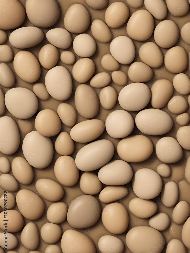 A creative and abstract composition of smooth, round beige stones arranged in a repetitive pattern. Ideal for modern, minimalist decor. A creative and abstract composition of smooth, round beige stones arranged in a repetitive pattern. Ideal for modern, minimalist decor.
