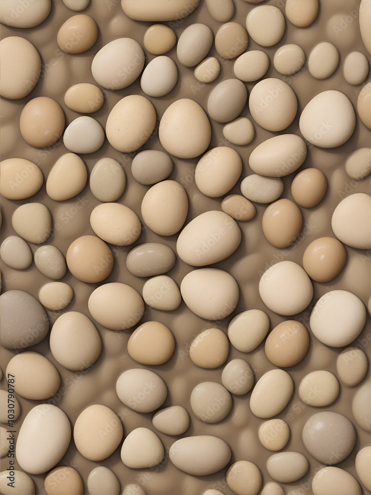 A creative and abstract composition of smooth, round beige stones arranged in a repetitive pattern. Ideal for modern, minimalist decor. A creative and abstract composition of smooth, round beige stones arranged in a repetitive pattern. Ideal for modern, minimalist decor.