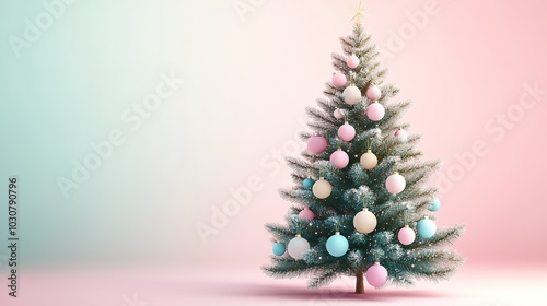 Snowy Christmas tree with pastel ornaments on gradient