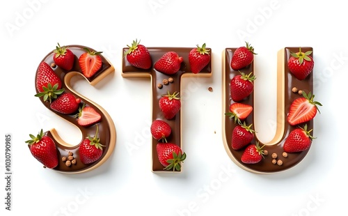 Cake Letters S, T, U, Decorated with Strawberries and Chocolate. photo