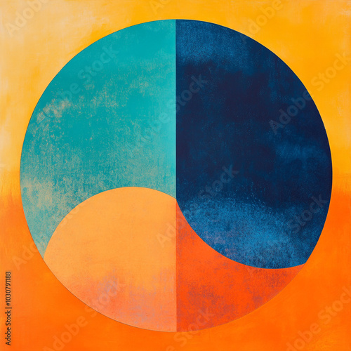 Colorful circle made from geometric shapes on a textured orange background. Ideal for wall art, posters, picture frames, abstract art 
