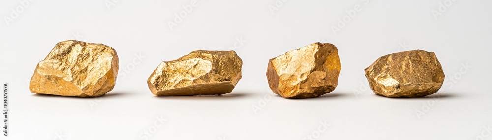 Fototapeta premium Golden rocks with shiny surfaces on a white isolate background.