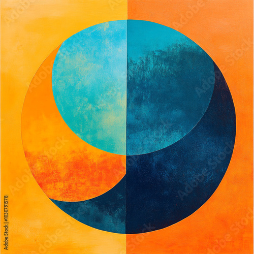 Colorful circle made from geometric shapes on a textured orange background. Ideal for wall art, posters, picture frames, abstract art 