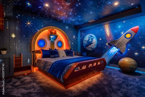 A space-themed kids' room with glow-in-the-dark stars on the ceiling, a rocket-shaped bed, and planet decals on the walls photo