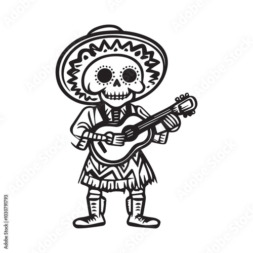 Day of the dead mariachi band. Musical mexican festival skeletons characters vector illustration on white background.