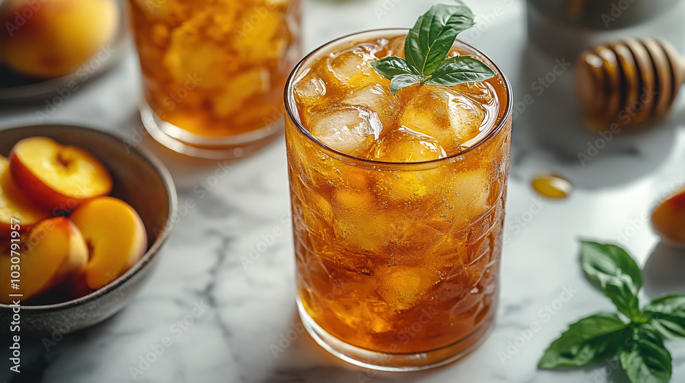 Close-up of a glass of iced tea garnished with mint leaves and honey, highlighting its refreshing qualities and vibrant presentation. Close-up of a glass of iced tea garnished with mint leaves and honey, highlighting its refreshing qualities and vibrant presentation.