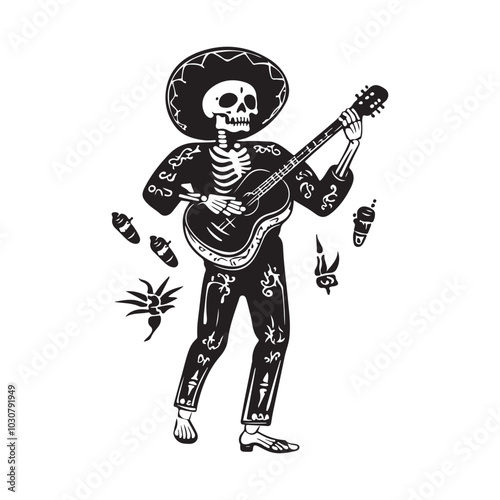 Dia Muertos Mariachi Musician Skeleton Mexican Tradition Vector Illustration Stock Vector on white background.