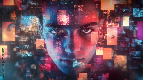 A young man's face is obscured by a grid of colorful squares, representing the digital world and the overwhelming amount of information we are bombarded with.