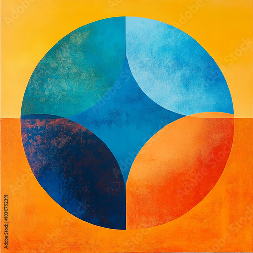 Colorful circle made from geometric shapes on a textured orange background. Ideal for wall art, posters, picture frames, abstract art 