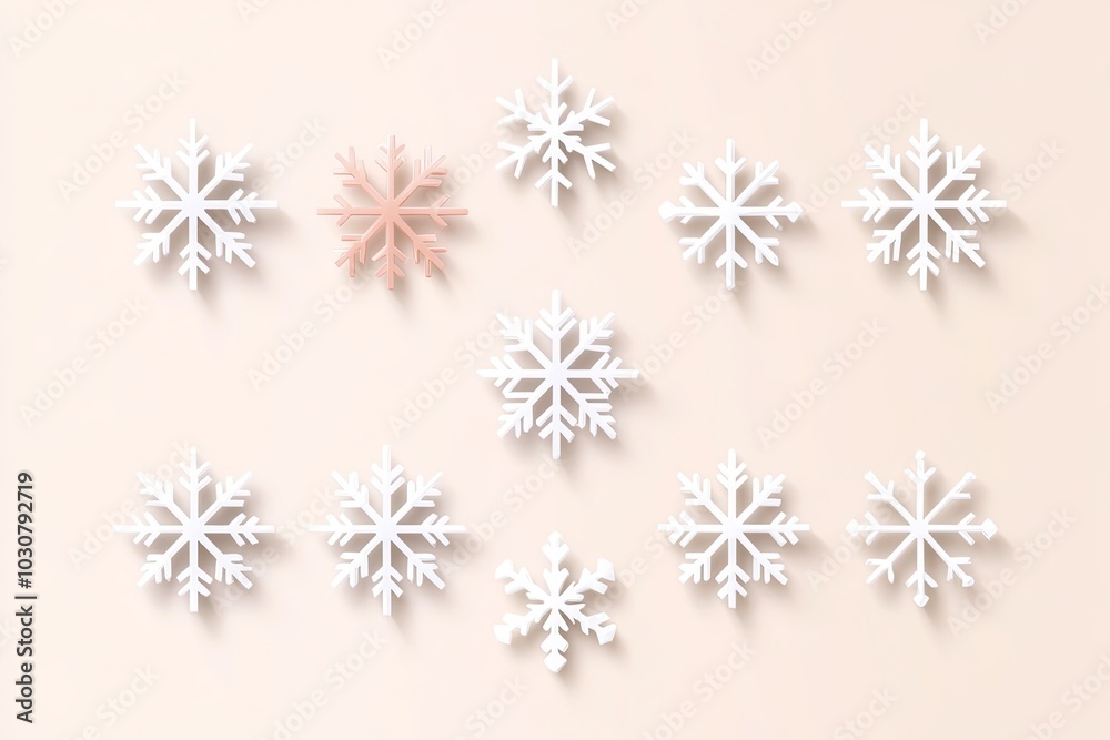 Unique pink snowflake among white snowflakes on soft background Unique pink snowflake among white snowflakes on soft background