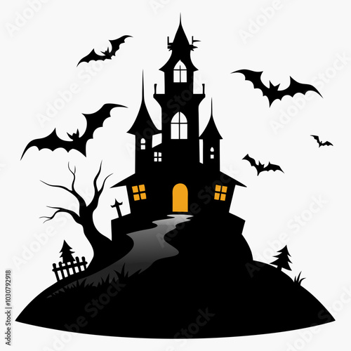 A spooky mansion on a hill with bats flying silhouette vector illustration on white background