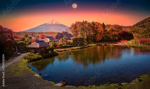 The ancient Oshino Hakkai village with Mt. Fuji in Autumn Season at Minamitsuru District, Yamanashi Prefecture, Japan. photo