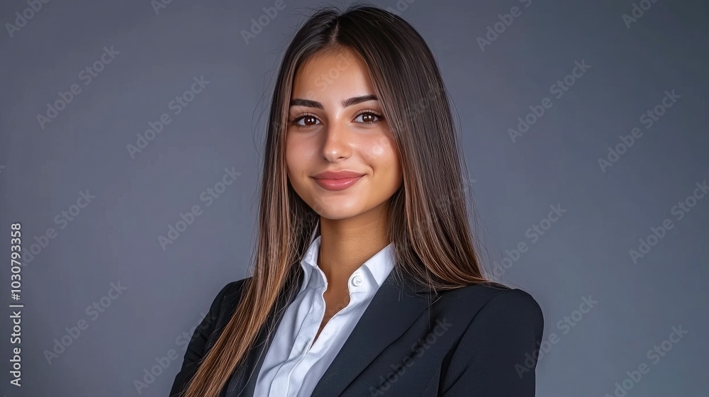 Confident woman in a black suit with red lips and ginger hair poses in a professional setting against a soft-lit backdrop Confident woman in a black suit with red lips and ginger hair poses in a professional setting against a soft-lit backdrop