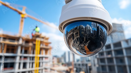Close-up of a security camera monitoring a construction site, emphasizing the role of surveillance in ensuring safety and security on the job site