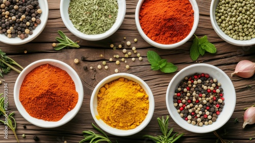 Aromatic Spices and Herbs on Wooden Background