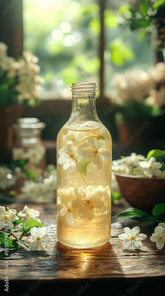A beautifully styled glass bottle filled with a herbal infusion, showcasing floral ingredients and evoking a sense of relaxation and summer enjoyment. A beautifully styled glass bottle filled with a herbal infusion, showcasing floral ingredients and evoking a sense of relaxation and summer enjoyment.