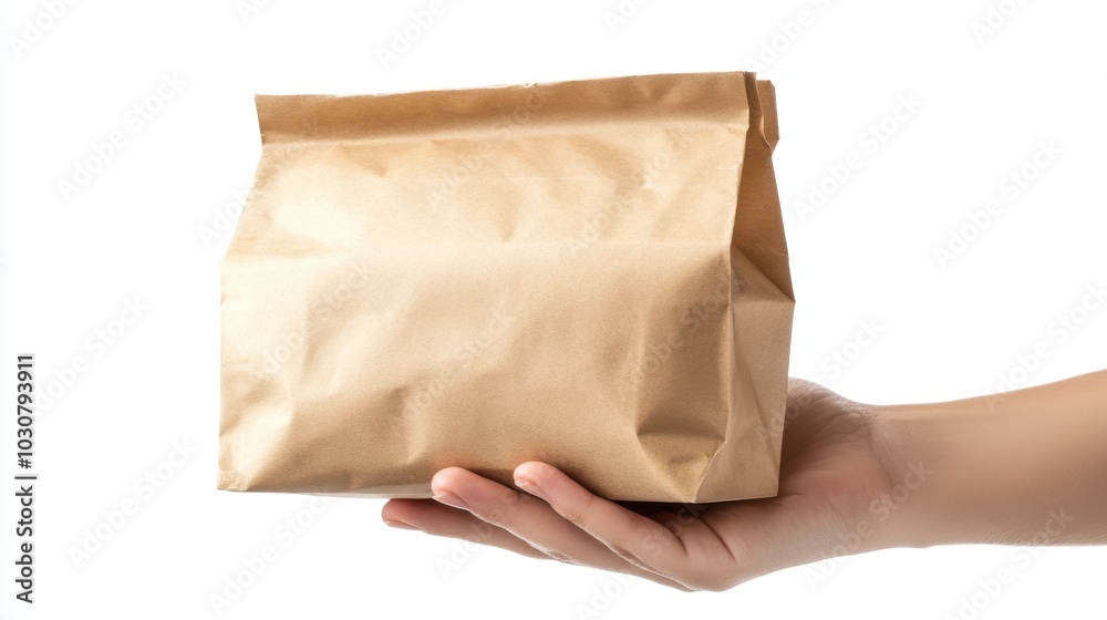 close up hand holding paper bag on solid white background close up hand holding paper bag on solid white background
