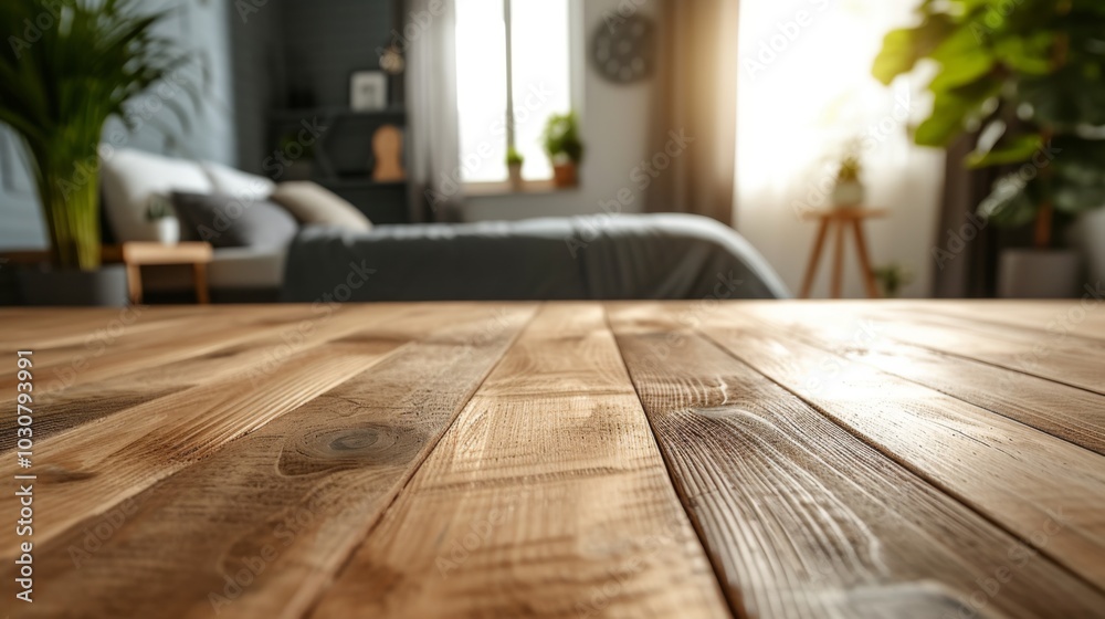 Wooden Tabletop in a Modern Living Room with Blurred Background Wooden Tabletop in a Modern Living Room with Blurred Background