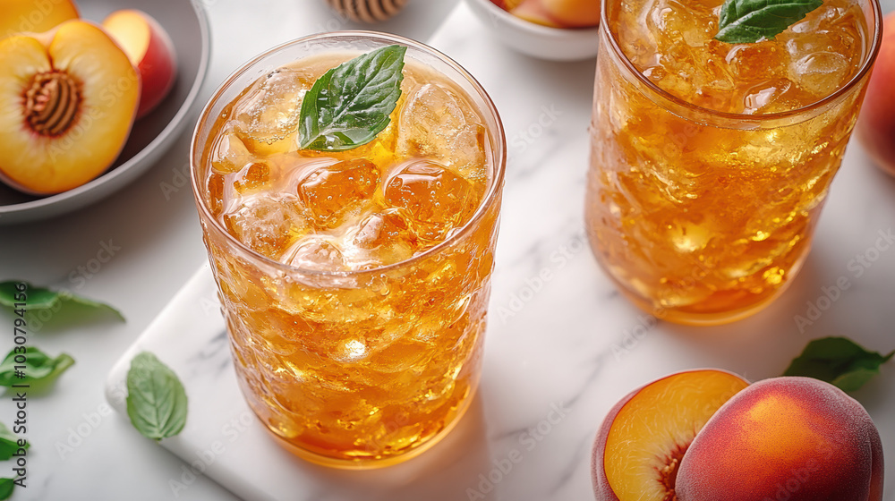 Refreshing iced tea served with mint leaves and peaches, perfect for summer gatherings and outdoor celebrations. Refreshing iced tea served with mint leaves and peaches, perfect for summer gatherings and outdoor celebrations.