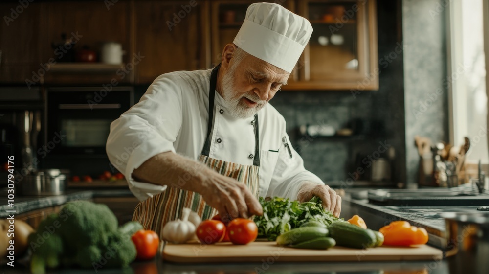 elderly chef arranging fresh vegetables on a cutting board in a kitchen filled with natural light, soft wooden cabinets in the background elderly chef arranging fresh vegetables on a cutting board in a kitchen filled with natural light, soft wooden cabinets in the background