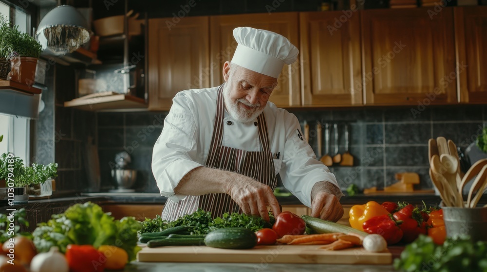 elderly chef arranging fresh vegetables on a cutting board in a kitchen filled with natural light, soft wooden cabinets in the background elderly chef arranging fresh vegetables on a cutting board in a kitchen filled with natural light, soft wooden cabinets in the background