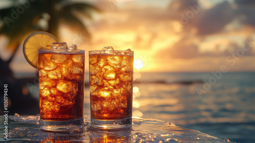 Tropical drinks enjoyed at sunset, perfect for summer relaxation and outdoor gatherings.