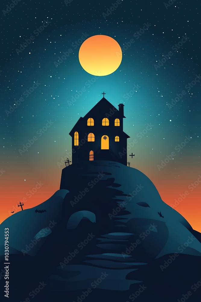 Naklejka premium Silhouetted house on hill under moonlight, stars dotting night s