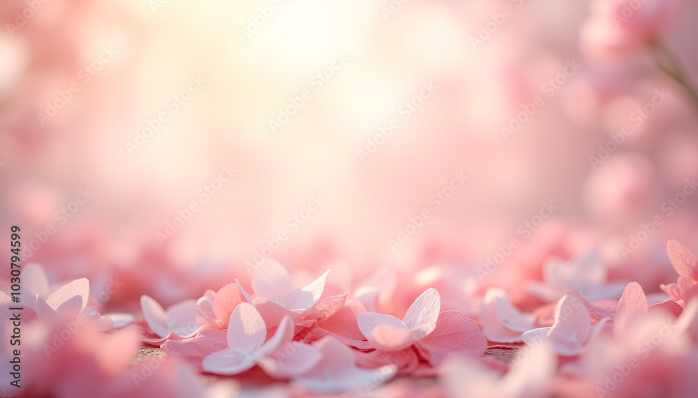 Cherry blossom petals scattered on surface with soft sunlight and blurred background creating tranquil mood Cherry blossom petals scattered on surface with soft sunlight and blurred background creating tranquil mood