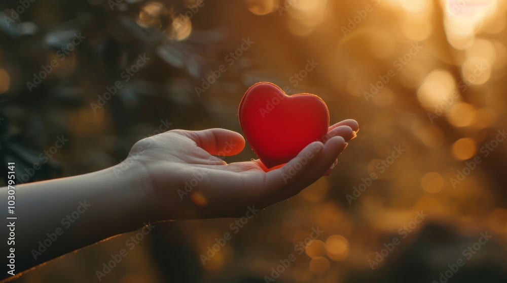 Hand Holding a Red Heart at Sunset - Love and Hope Hand Holding a Red Heart at Sunset - Love and Hope